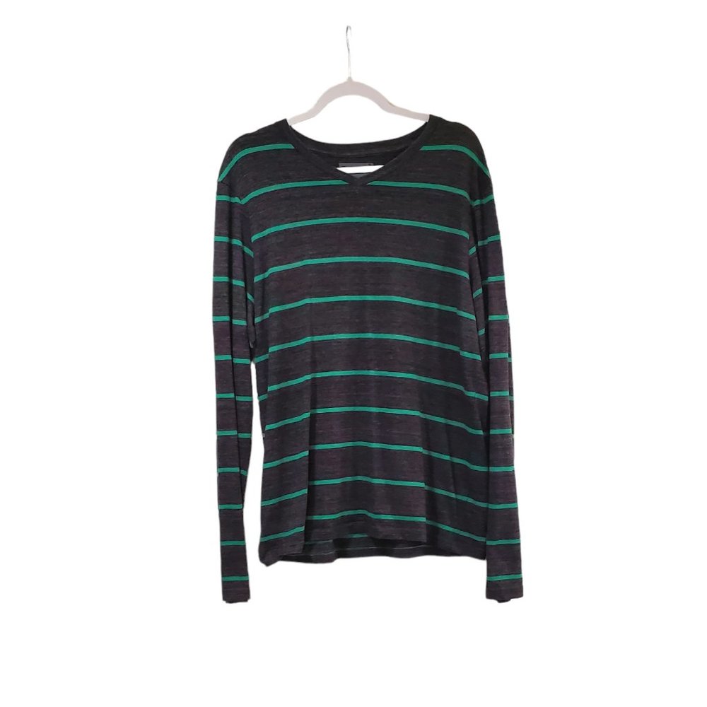 Fusai Men's Gray Striped V-Neck Long Sleeve Shirt Sz XXL